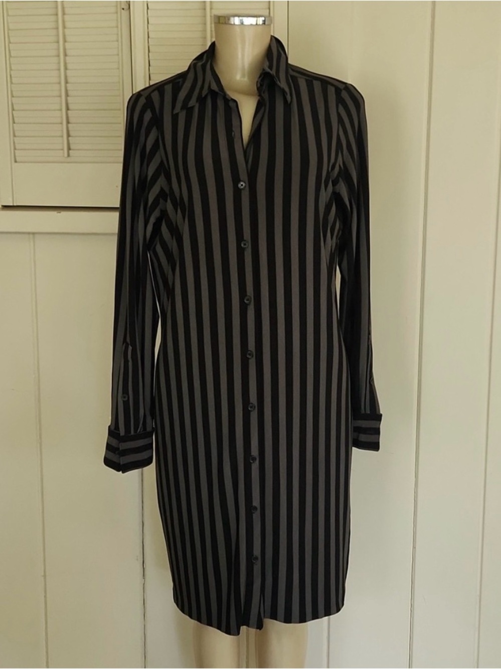 Norma Kamali Striped Shirt Dress in Black and Gray